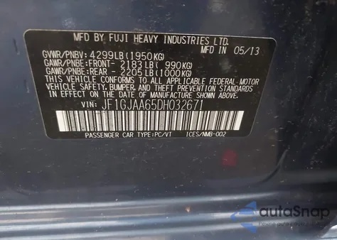 2013 Subaru Impreza 2.0I z USA, uszkodzony, nr VIN JF1GJAA65DH032671